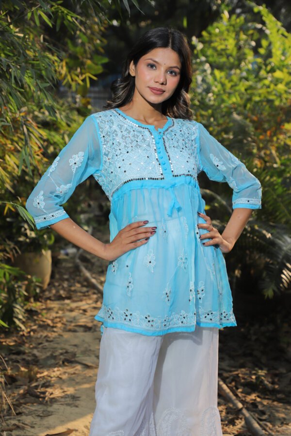 Sky Blue Mirror Work Chikan Short Kurti – Breezy Elegance by Siilkari