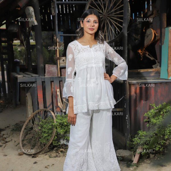 Siilkari White Mirror Work Chikan Short Kurti