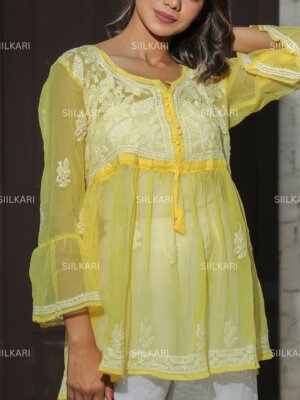 🌼Siilkari Light Yellow Mirror Work Chikan Short Kurti!