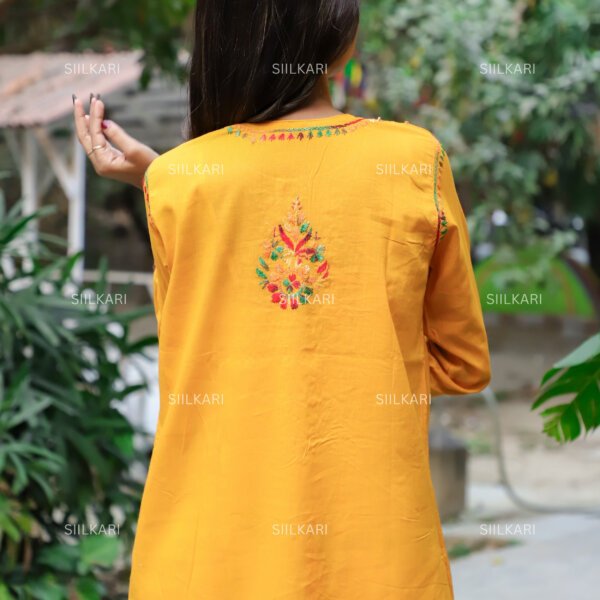 Siilkari Hand Embroidered Multicolor Cotton Chikankari Straight Kurti (Yellow) - Image 4