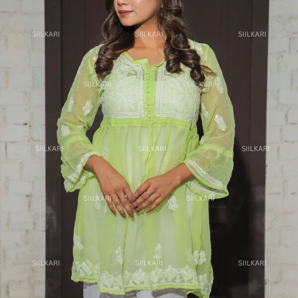 Light Green Mirror Work Chikan Short Kurti By Siilkari