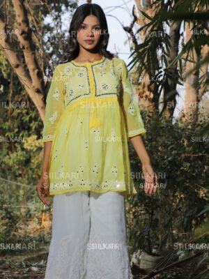 ✨ Siilkari Light Yellow  Mirror Work Chikan Short Kurti