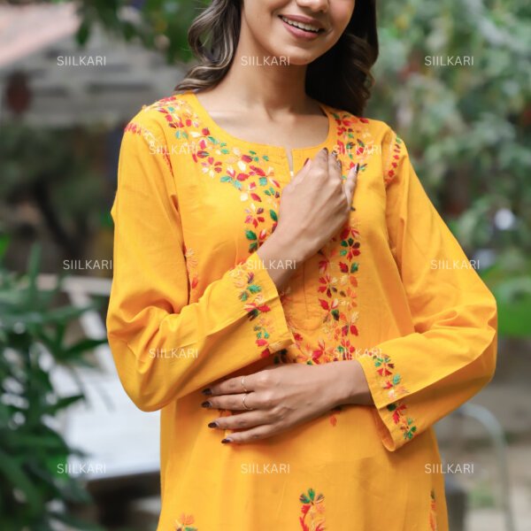 Siilkari Hand Embroidered Multicolor Cotton Chikankari Straight Kurti (Yellow) - Image 3