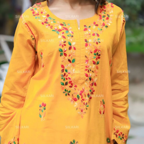 Siilkari Hand Embroidered Multicolor Cotton Chikankari Straight Kurti (Yellow) - Image 2