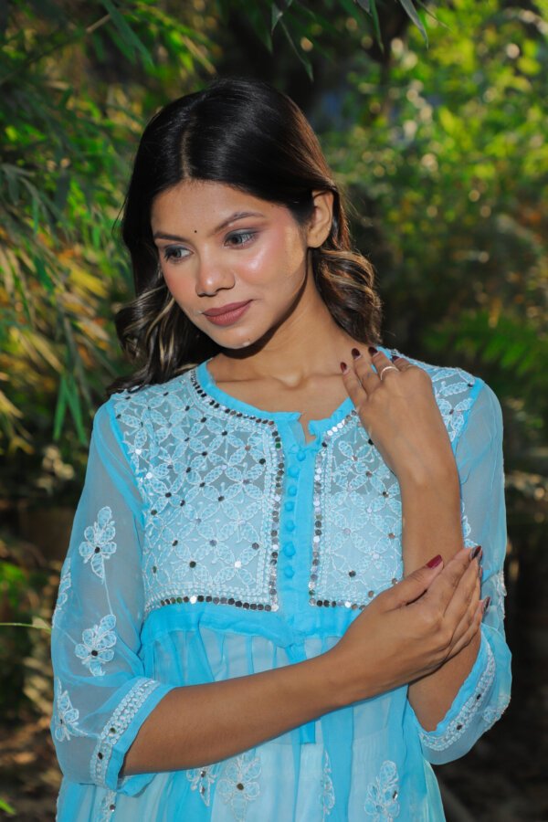 Sky Blue Mirror Work Chikan Short Kurti – Breezy Elegance by Siilkari - Image 6