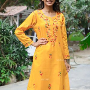 Siilkari Hand Embroidered Multicolor Cotton Chikankari Straight Kurti (Yellow)