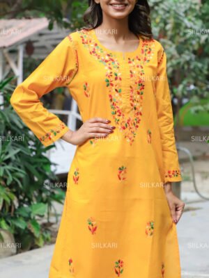 Siilkari Hand Embroidered Multicolor Cotton Chikankari Straight Kurti (Yellow)