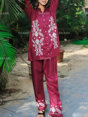 Siilkari Women's Dark Maroon Kurti with Intricate White Thread Embroidery