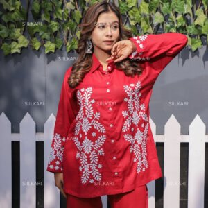 Siilkari Women's Red Embroidered Shirt-Style Kurti with Floral White Design