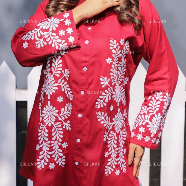 Siilkari Women's Red Embroidered Shirt-Style Kurti with Floral White Design - Image 2