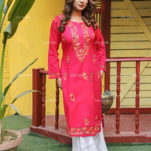 Siilkari Hand Embroidered Multicolor Cotton Chikankari Straight Kurti (Queen Pink)