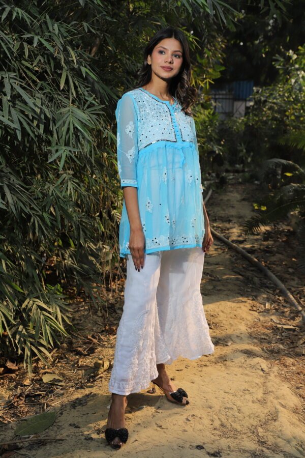 Sky Blue Mirror Work Chikan Short Kurti – Breezy Elegance by Siilkari - Image 5