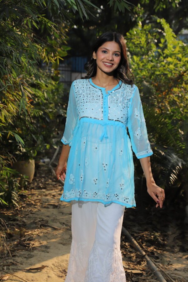 Sky Blue Mirror Work Chikan Short Kurti – Breezy Elegance by Siilkari - Image 7