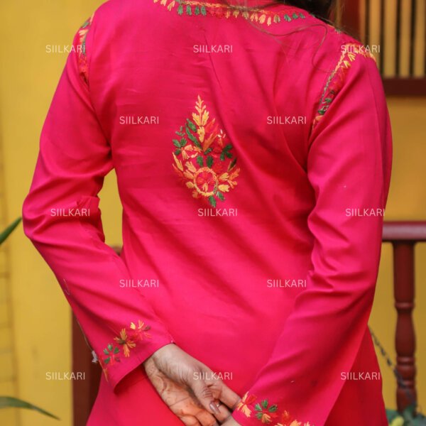 Siilkari Hand Embroidered Multicolor Cotton Chikankari Straight Kurti (Queen Pink) - Image 4