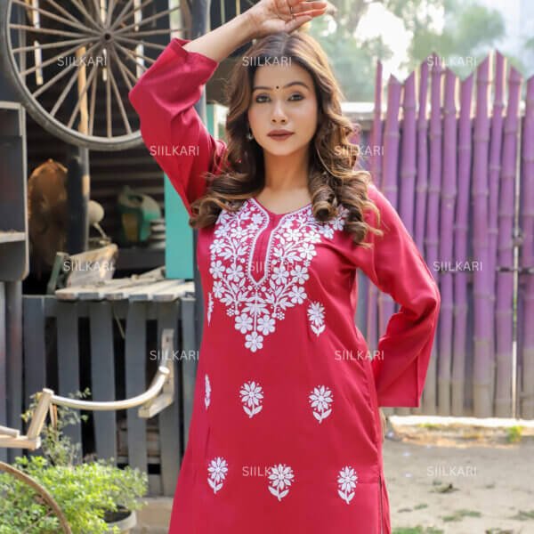 "Siilkari Maroon Cotton Kurti with White Floral Embroidery - Image 2