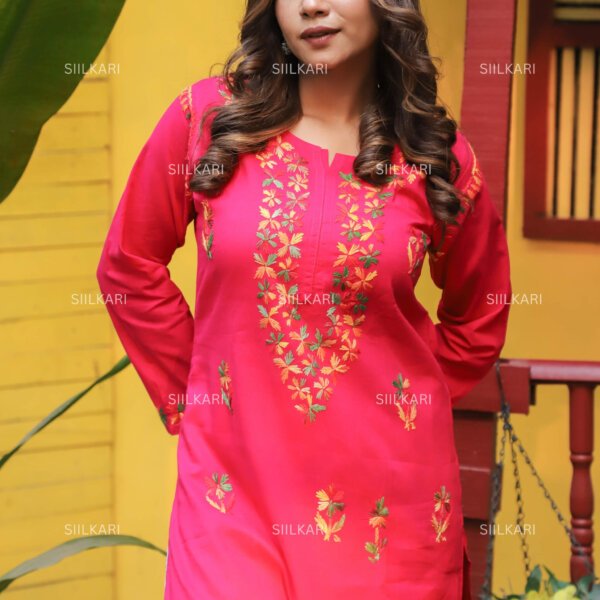 Siilkari Hand Embroidered Multicolor Cotton Chikankari Straight Kurti (Queen Pink) - Image 2