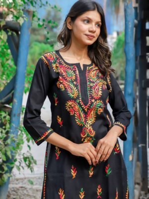 Siilkari Hand Embroidered Multicolor Cotton Chikankari Straight Kurti (Black)