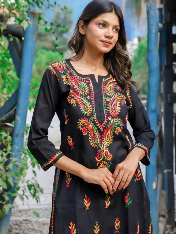 Siilkari Hand Embroidered Multicolor Cotton Chikankari Straight Kurti (Black)