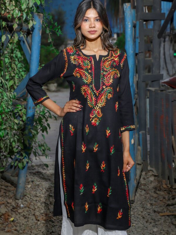 Siilkari Hand Embroidered Multicolor Cotton Chikankari Straight Kurti (Black) - Image 7