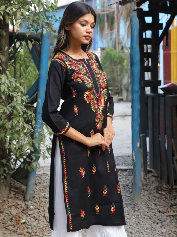 Siilkari Hand Embroidered Multicolor Cotton Chikankari Straight Kurti (Black) - Image 5