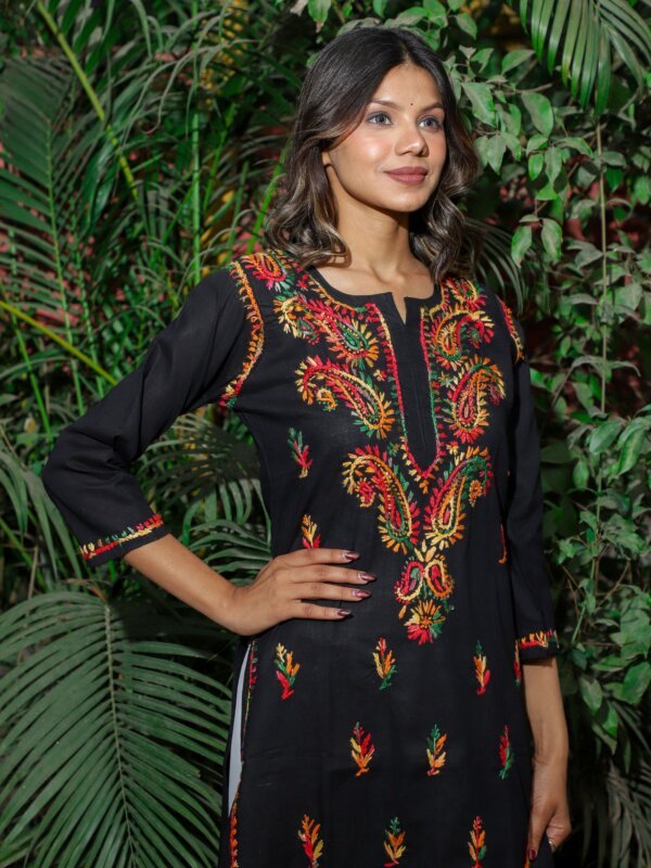 Siilkari Hand Embroidered Multicolor Cotton Chikankari Straight Kurti (Black) - Image 2