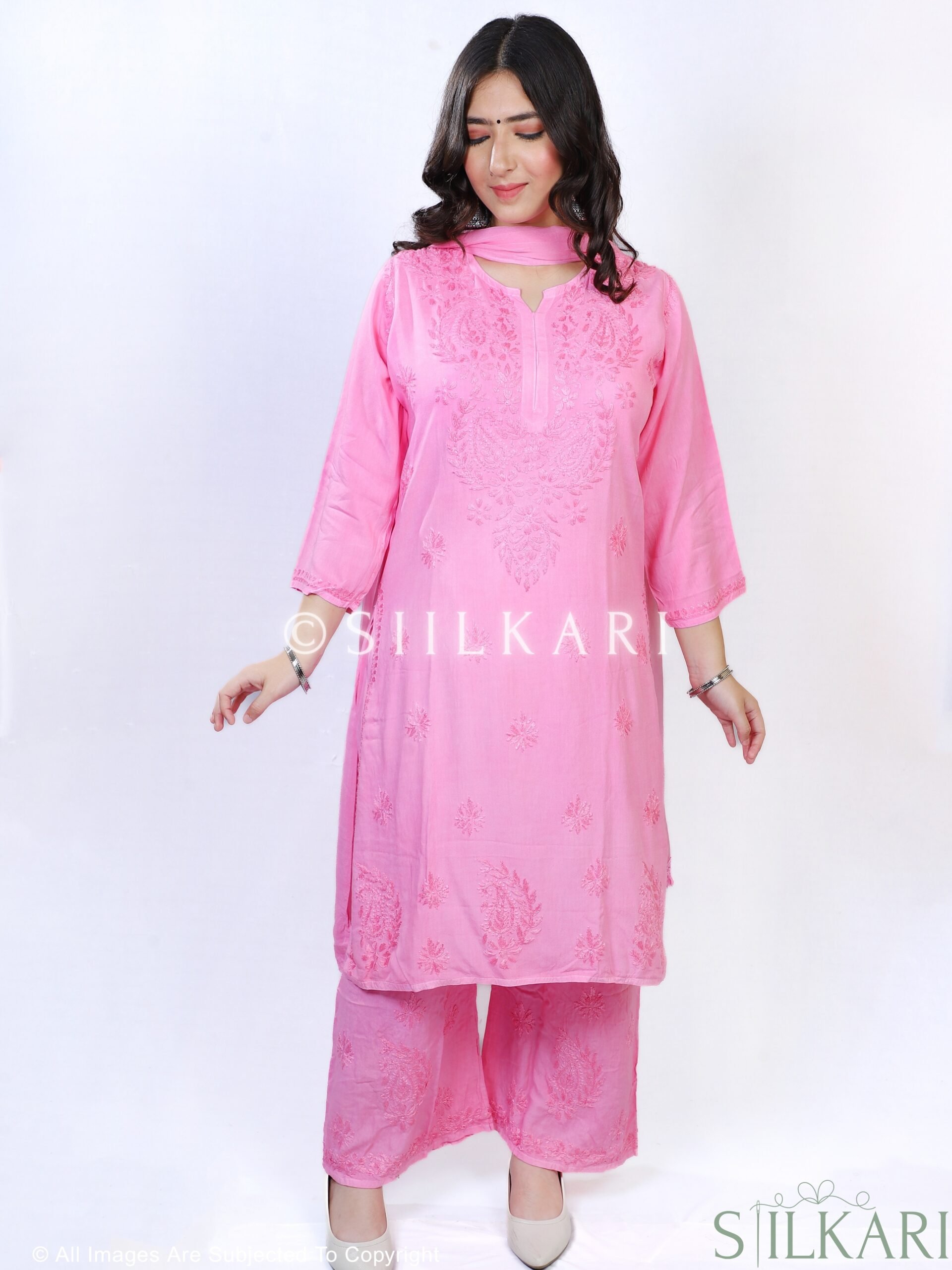 Rayon Chikankari Straight Women 3Pc Kurta Palazzo Dupatta Set ( Pink )