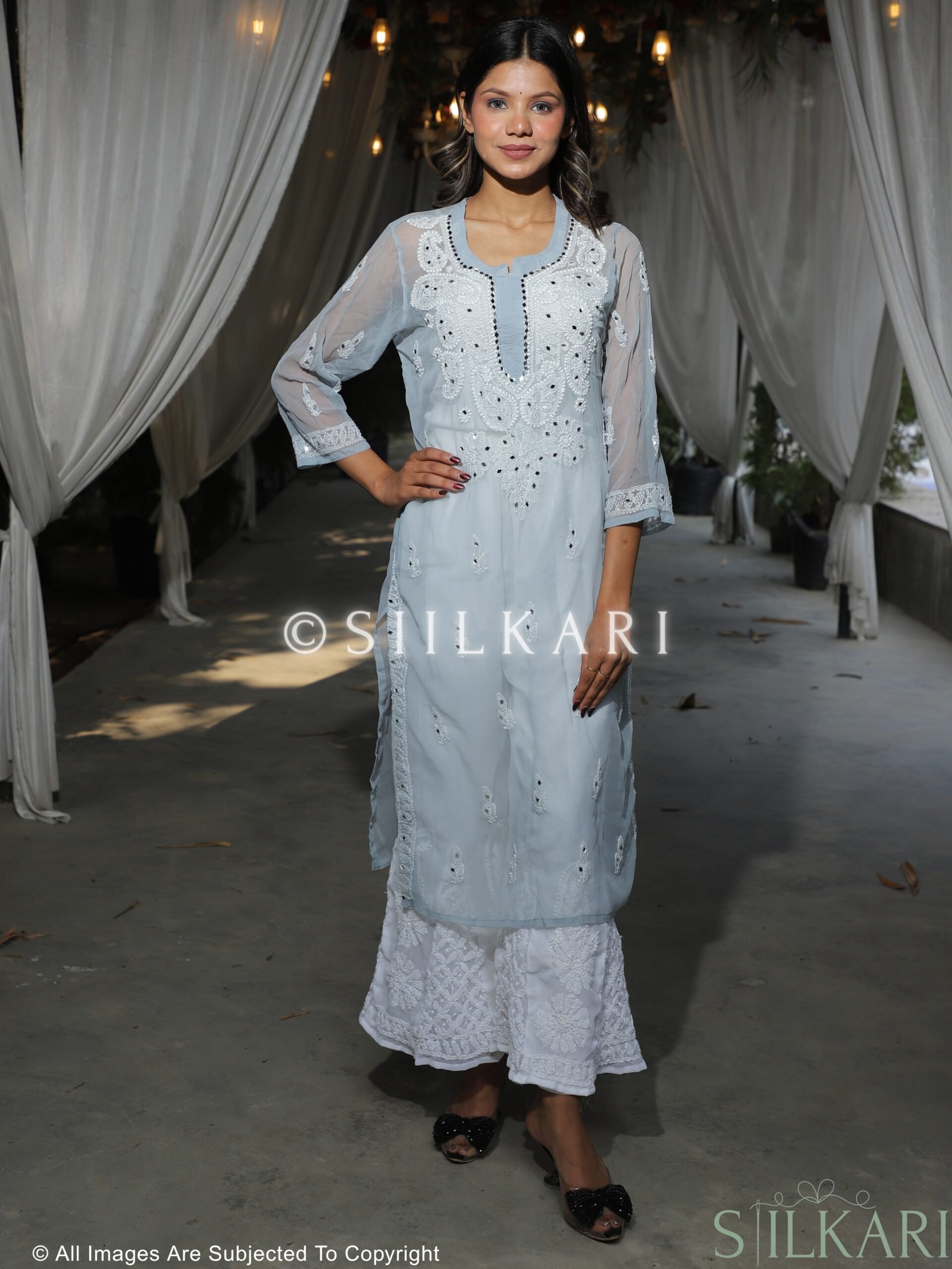 Georgette Chikankari Slim Fit Booti Work Kurti Grey