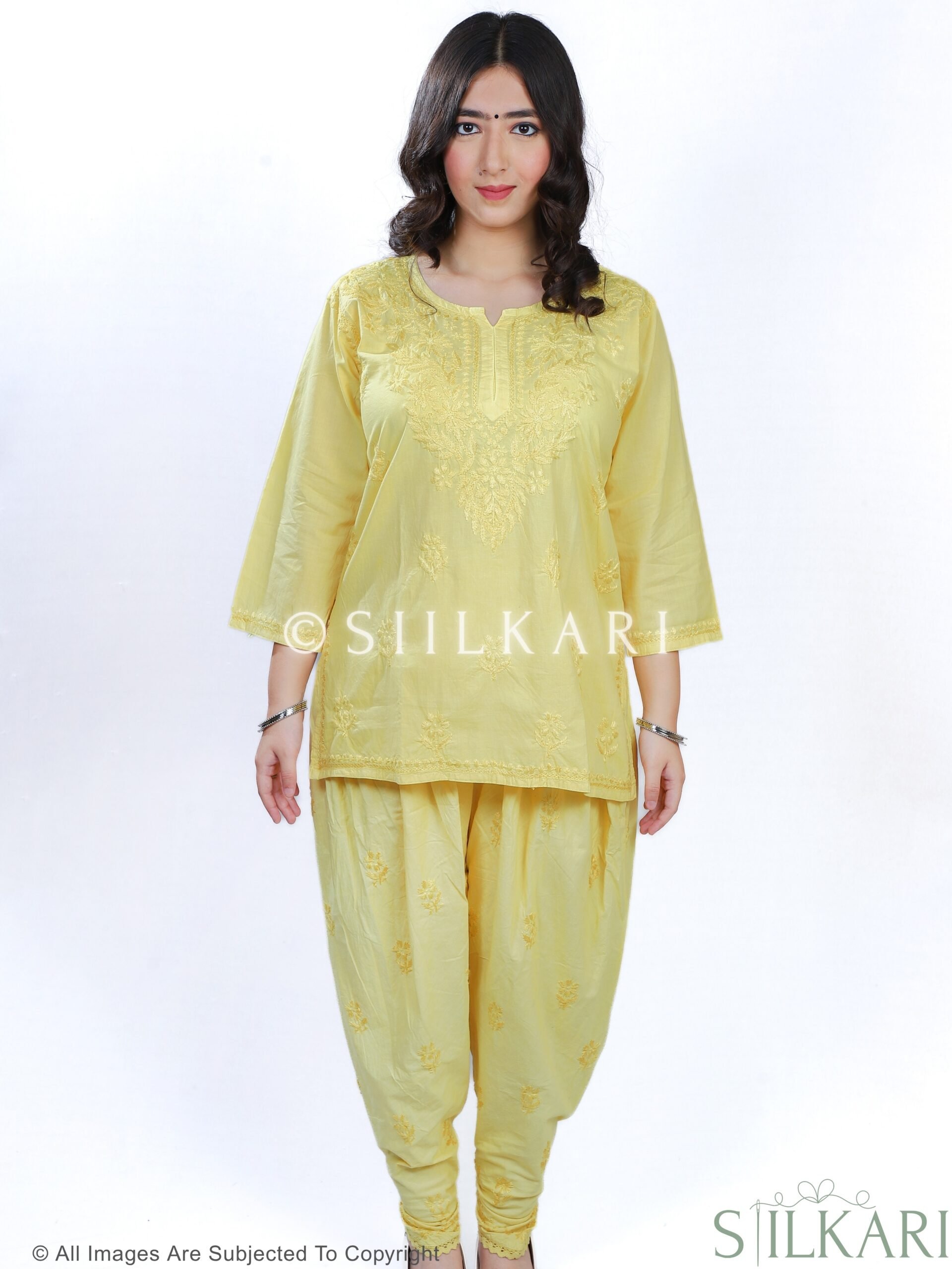 Cotton Chikankari Short Kurti Yellow