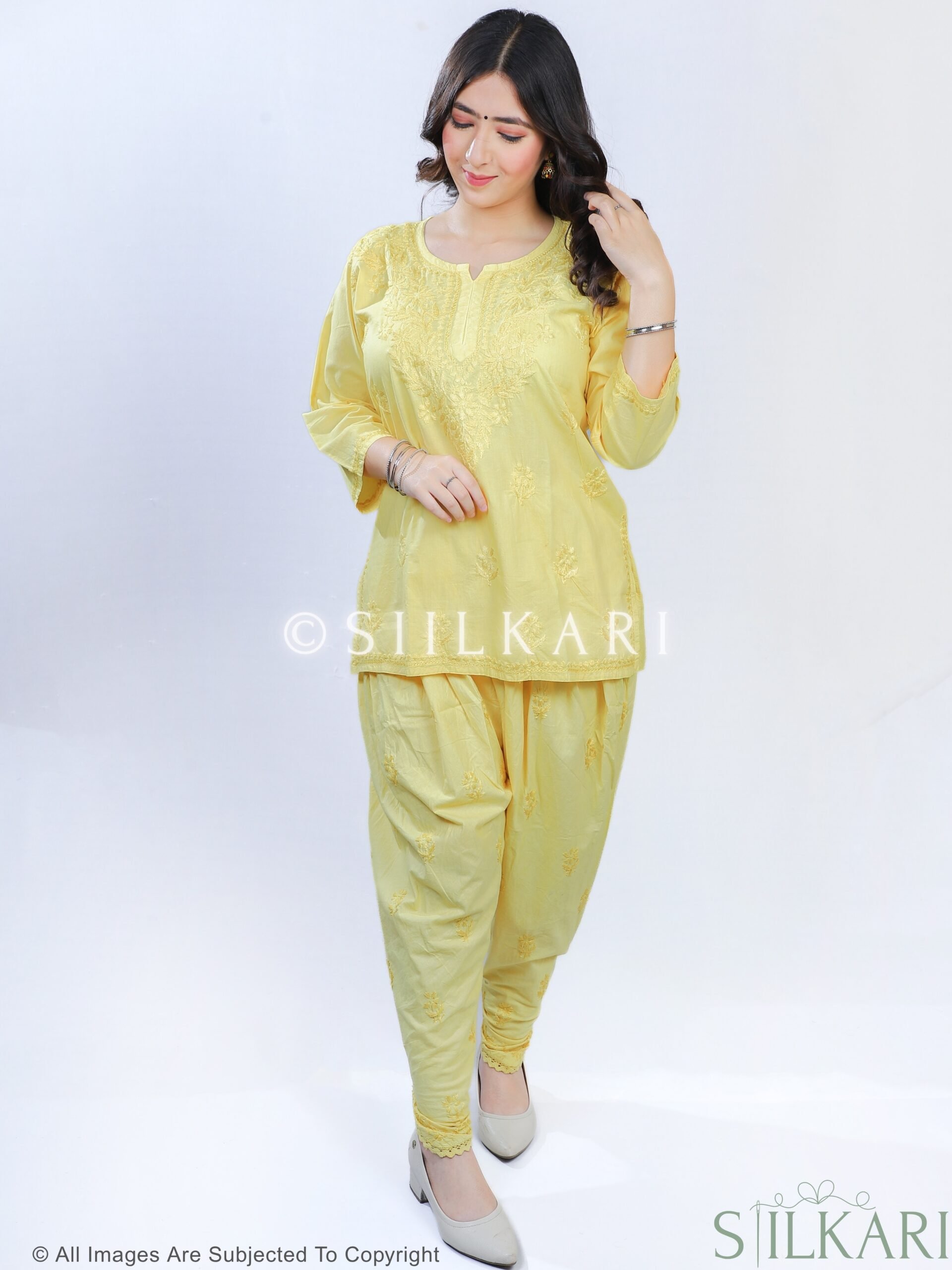 Cotton Chikankari Short 2Pc Set Yellow