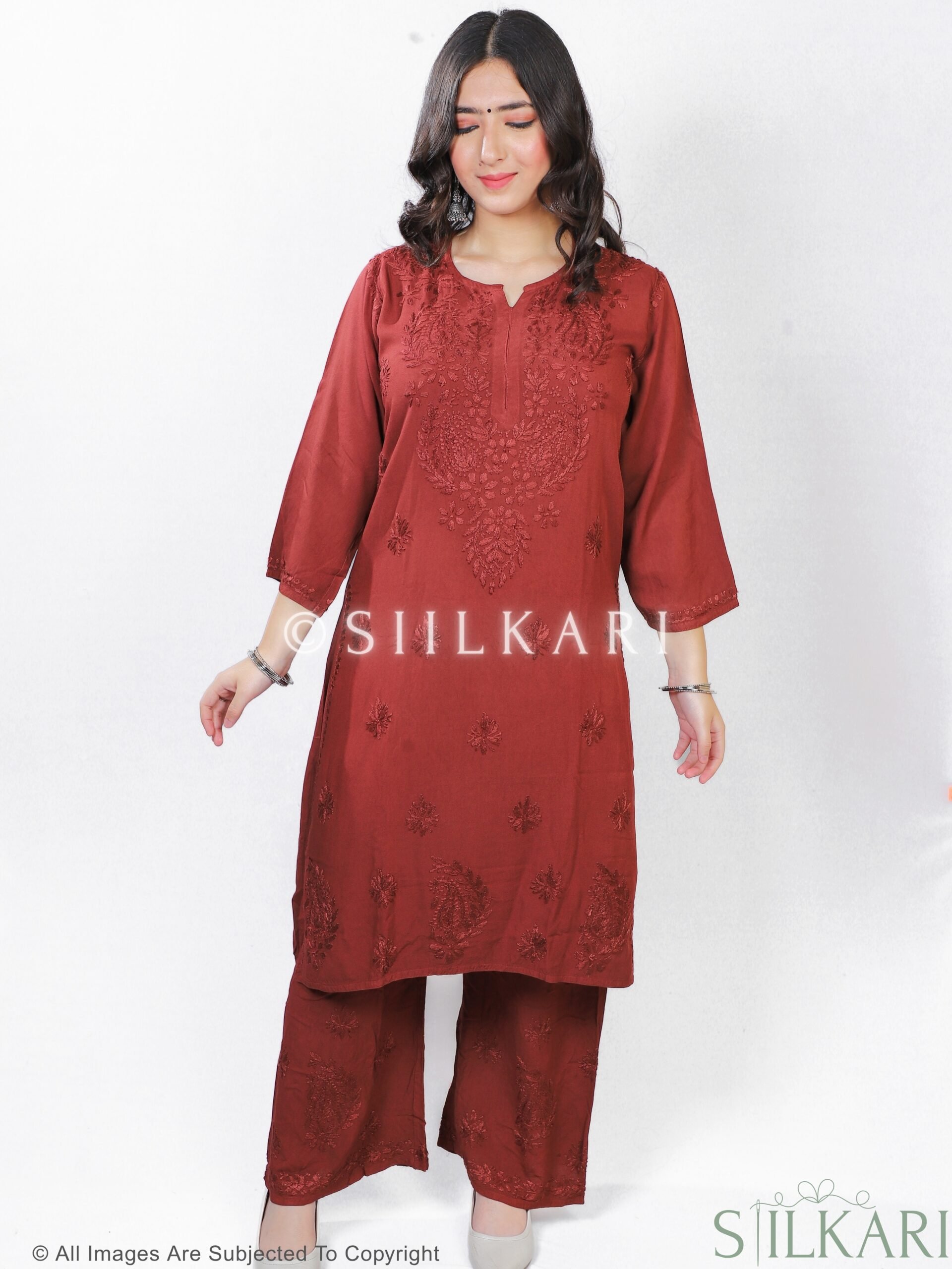 Rayon Chikankari Straight Women 3Pc Kurta Palazzo Dupatta Set ( Brown )