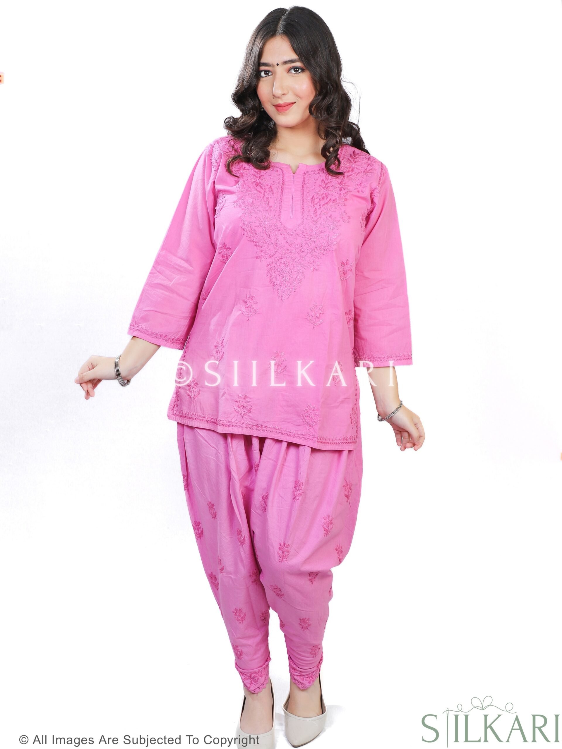 Cotton Chikankari Short 2Pc Set Onion Pink