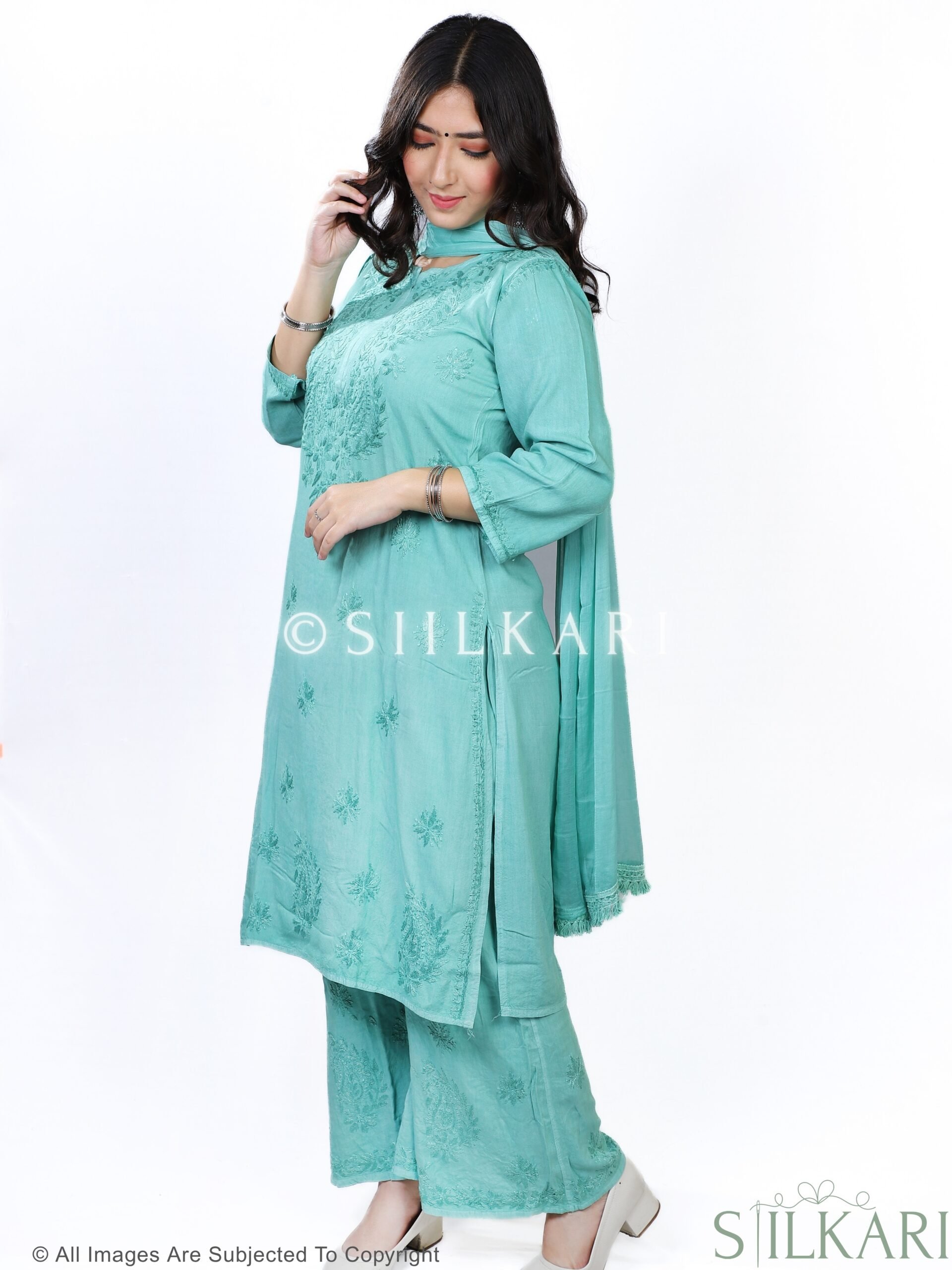 Rayon Chikankari Straight Women 3Pc Kurta Palazzo Dupatta Set ( Aqua Blue )