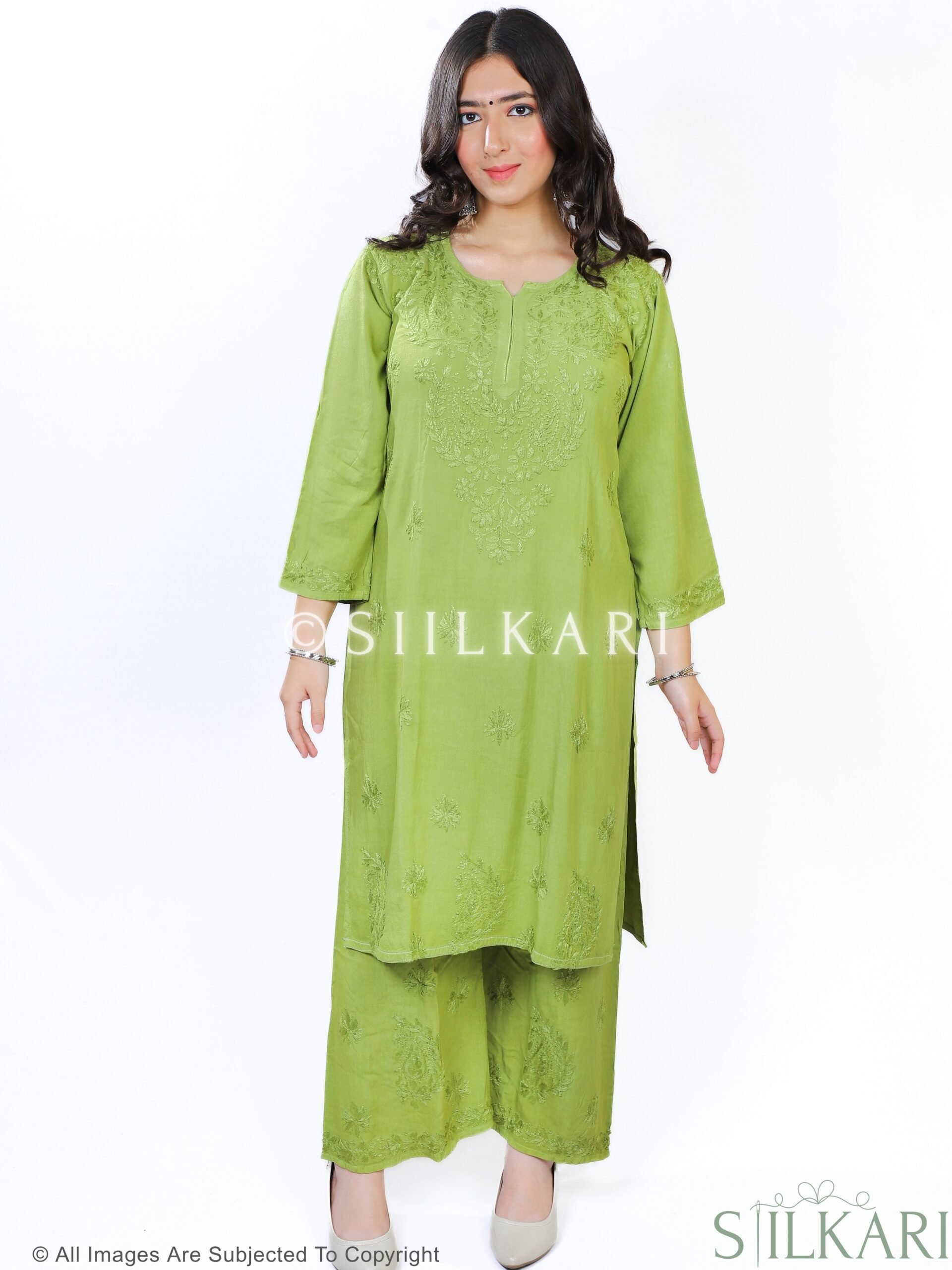 Rayon Chikankari Kurti Green