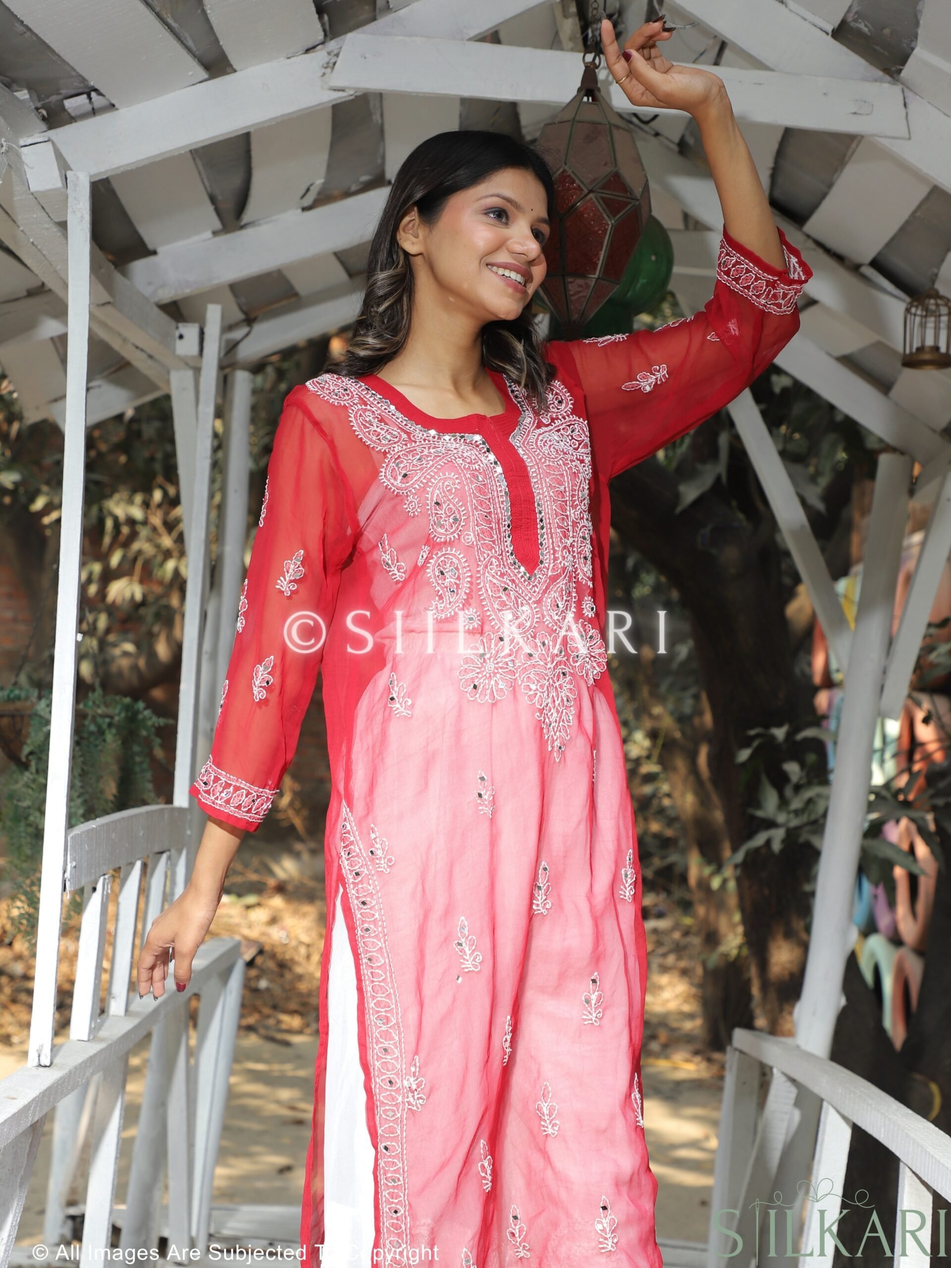 Georgette Chikankari Slim Fit Booti Work Kurti Red