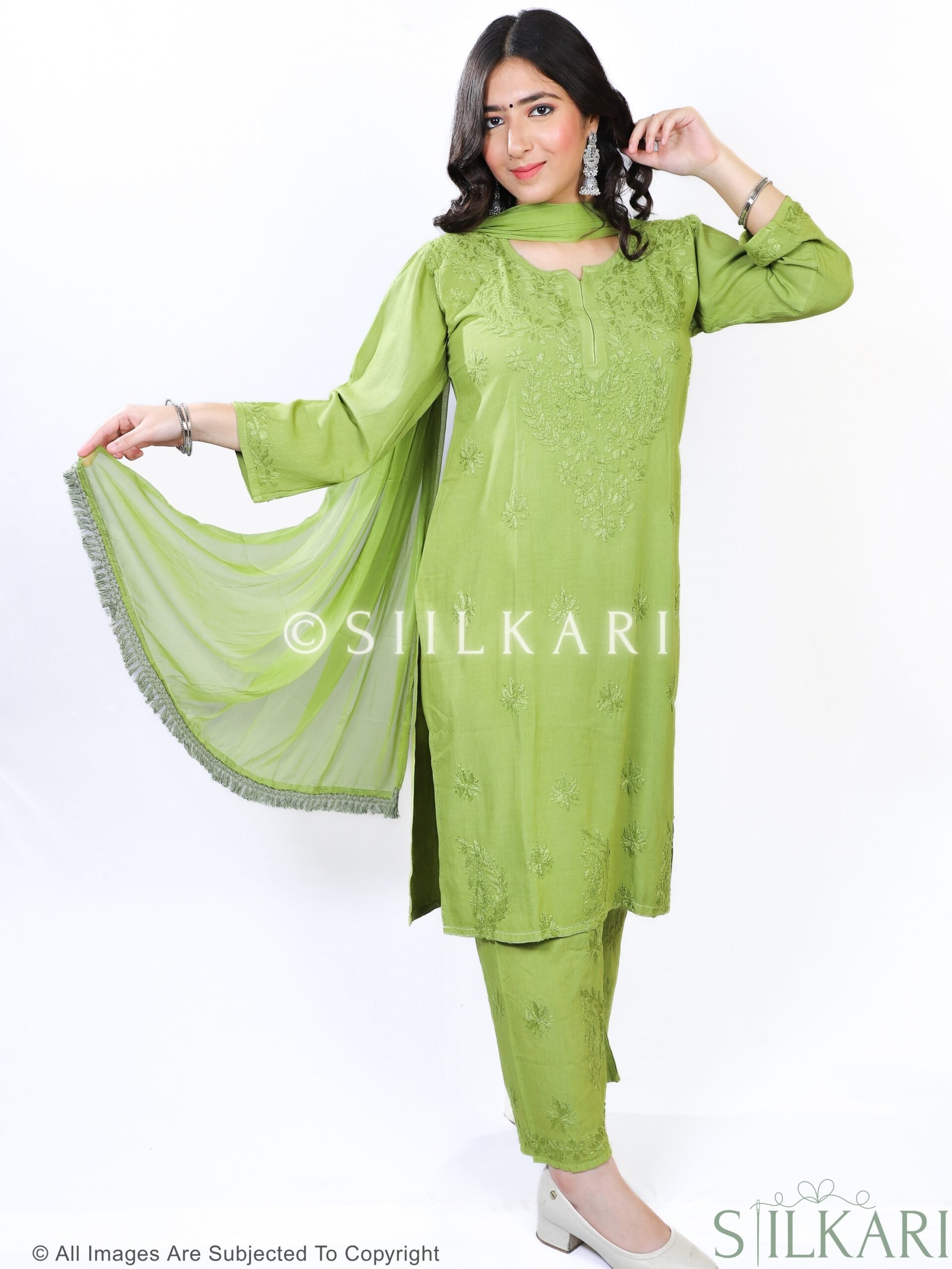 Rayon Chikankari Straight Women 3Pc Kurta Palazzo Dupatta Set ( Green )