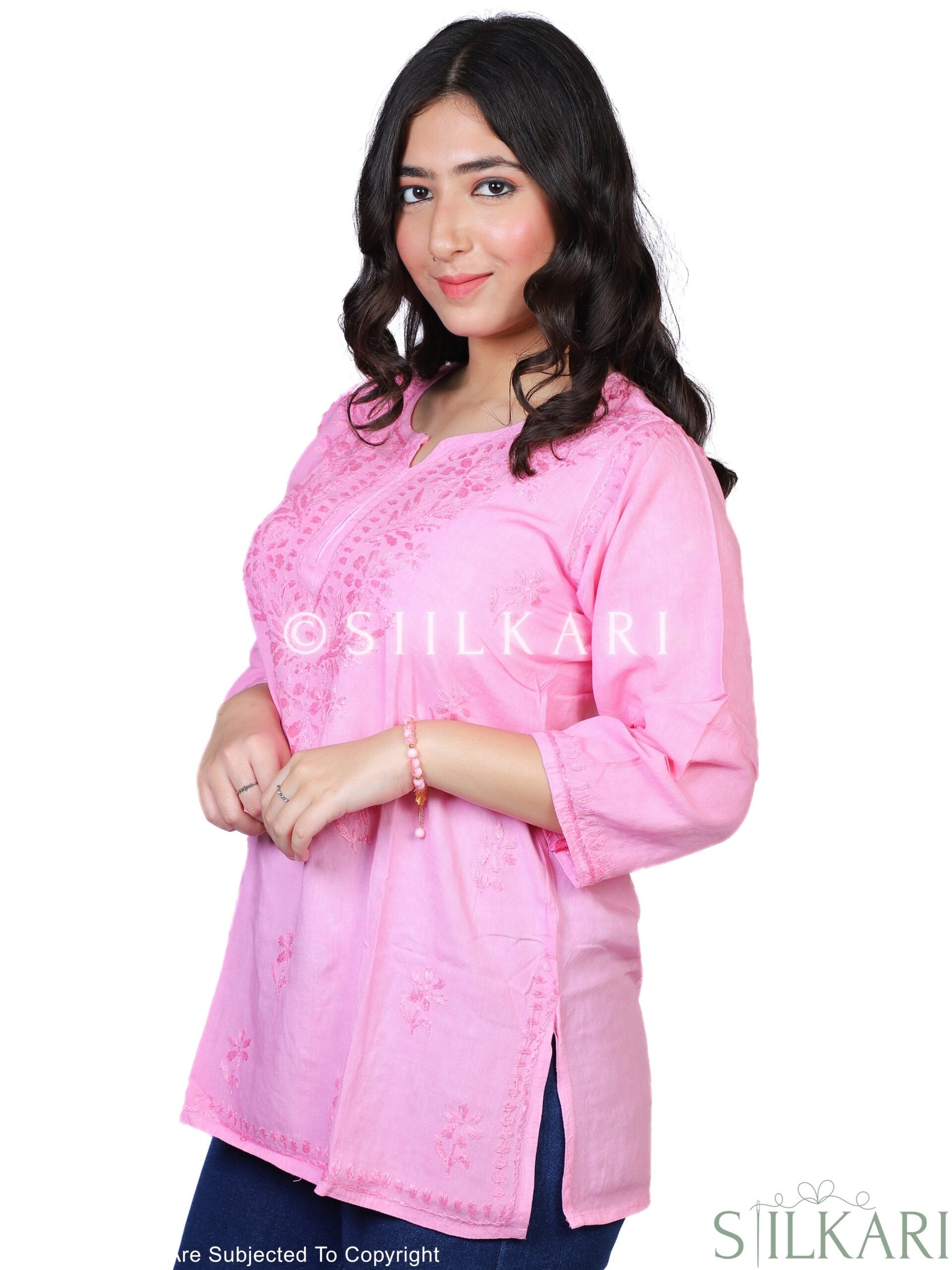 Rayon Chikankari Short Kurti Pink