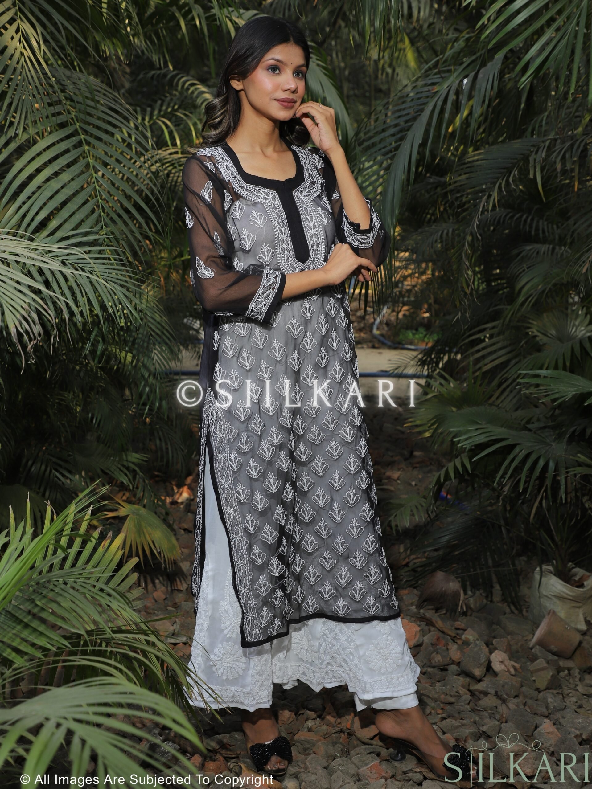 Georgette Chikankari Whole Booti Work Kurti Black