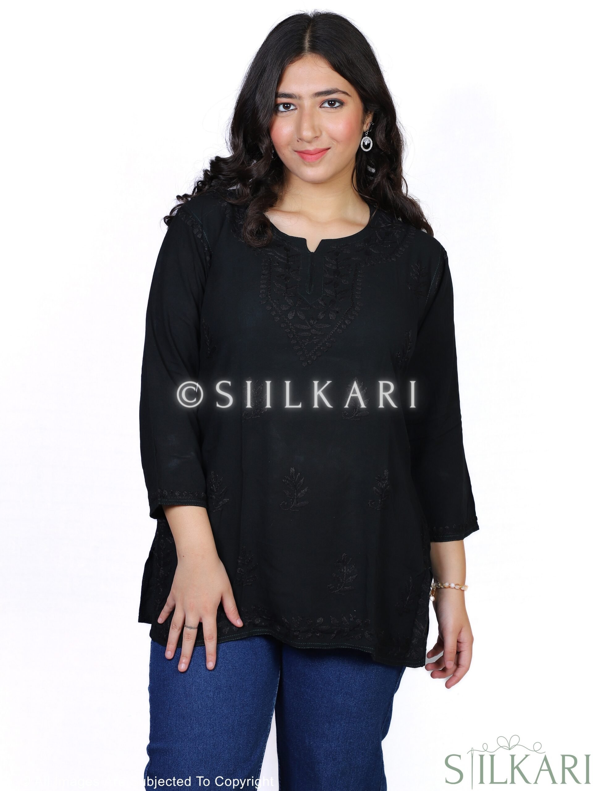 Rayon Chikankari Short Kurti Black