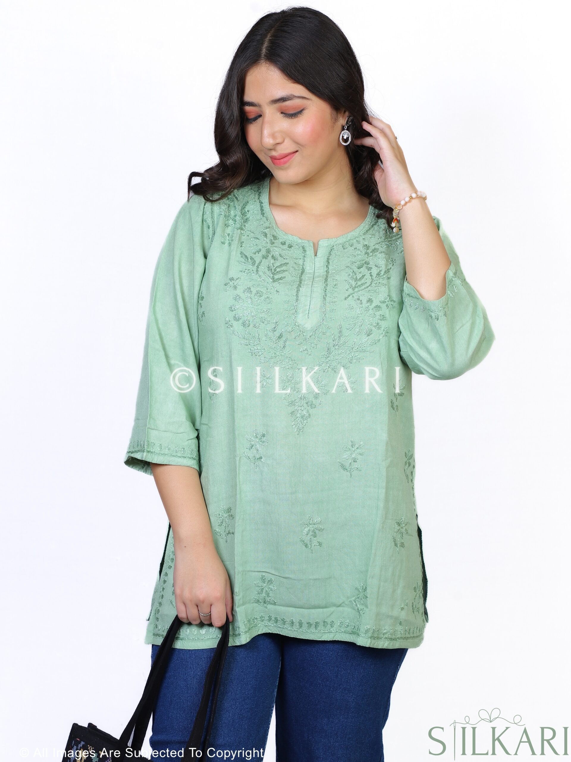 Rayon Chikankari Short Kurti Green