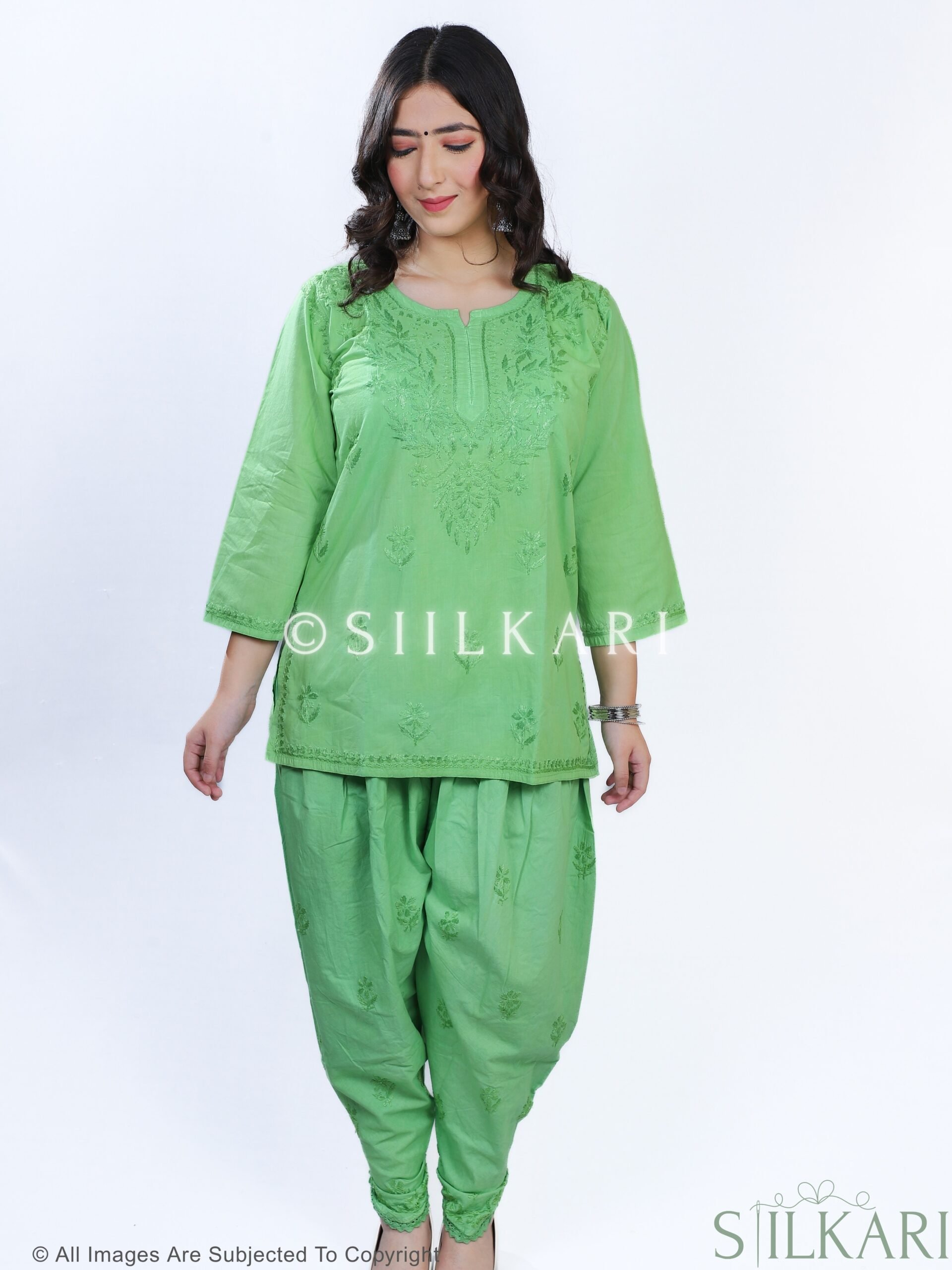 Cotton Chikankari Short 2Pc Set Green