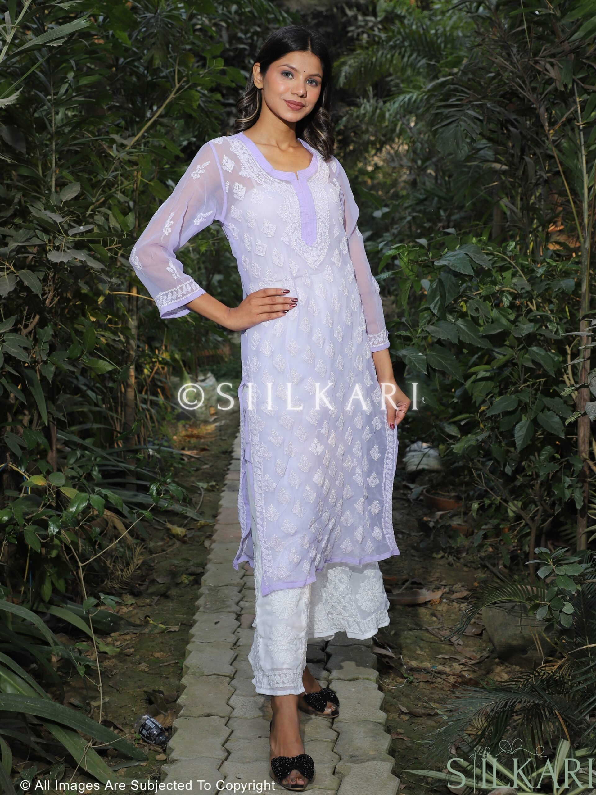 Georgette Chikankari Whole Booti Work Kurti Purple