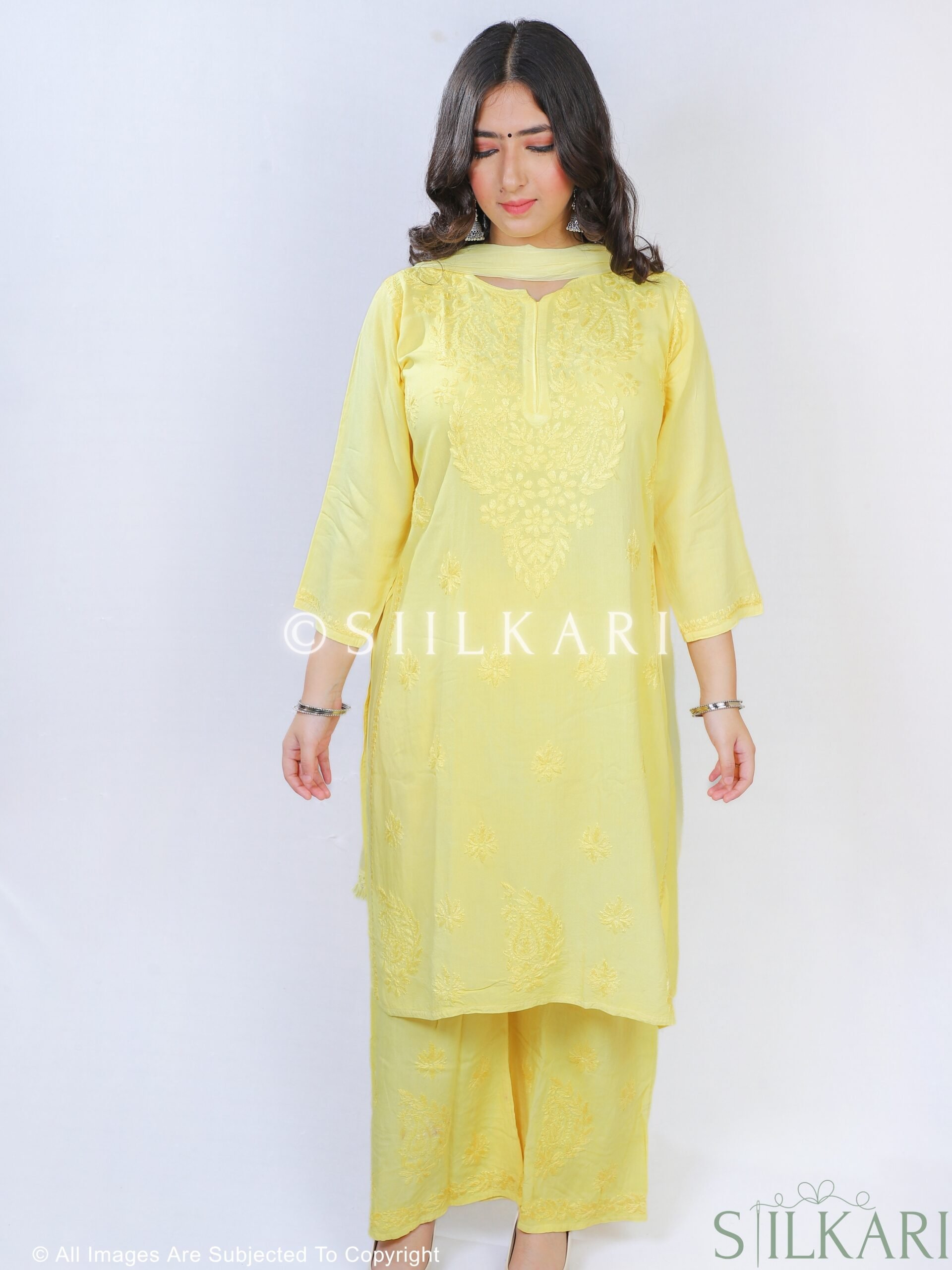 Rayon Chikankari Straight Women 3Pc Kurta Palazzo Dupatta Set ( Yellow )
