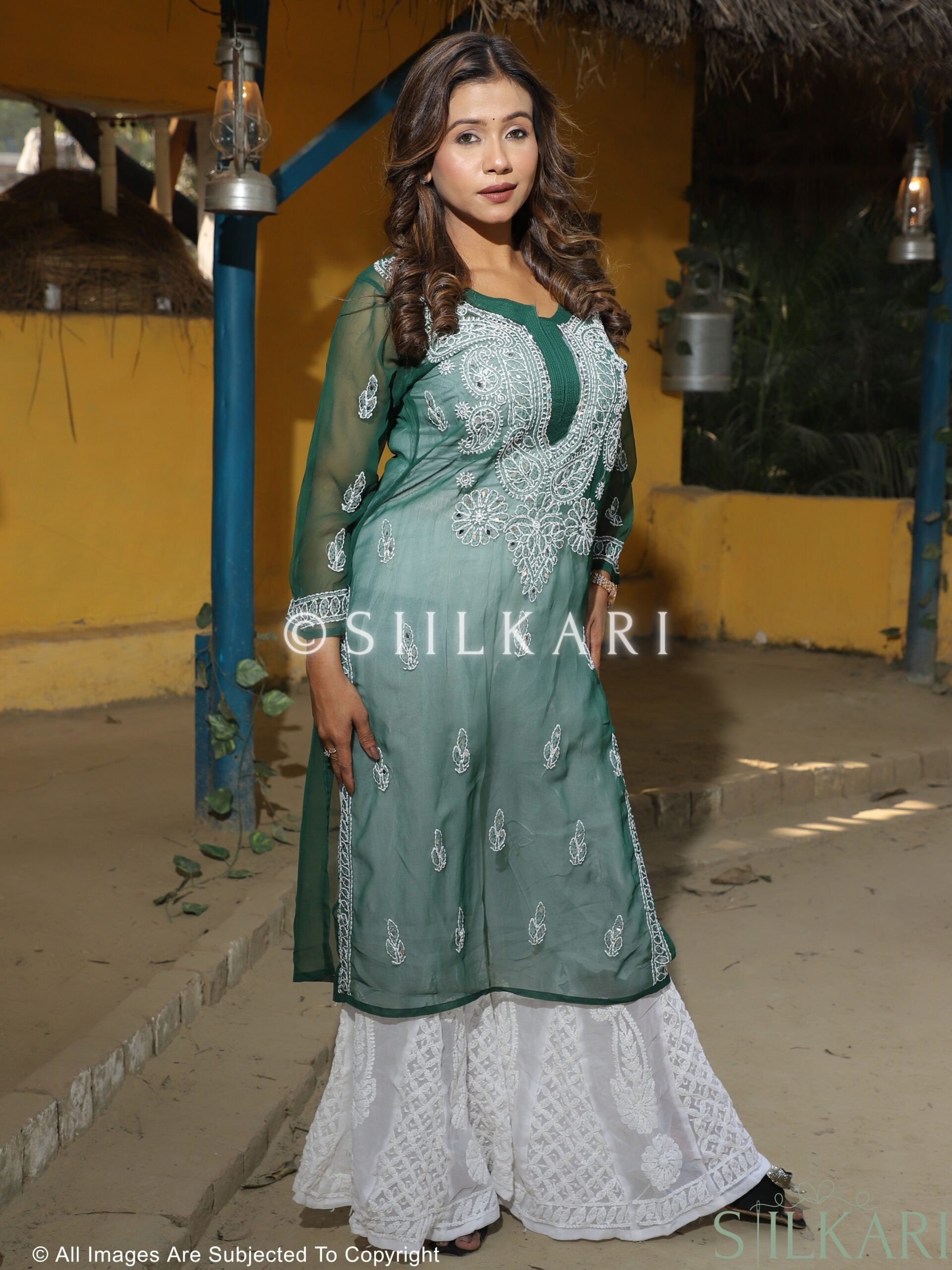 Georgette Chikankari Slim Fit Booti Work Kurti Green