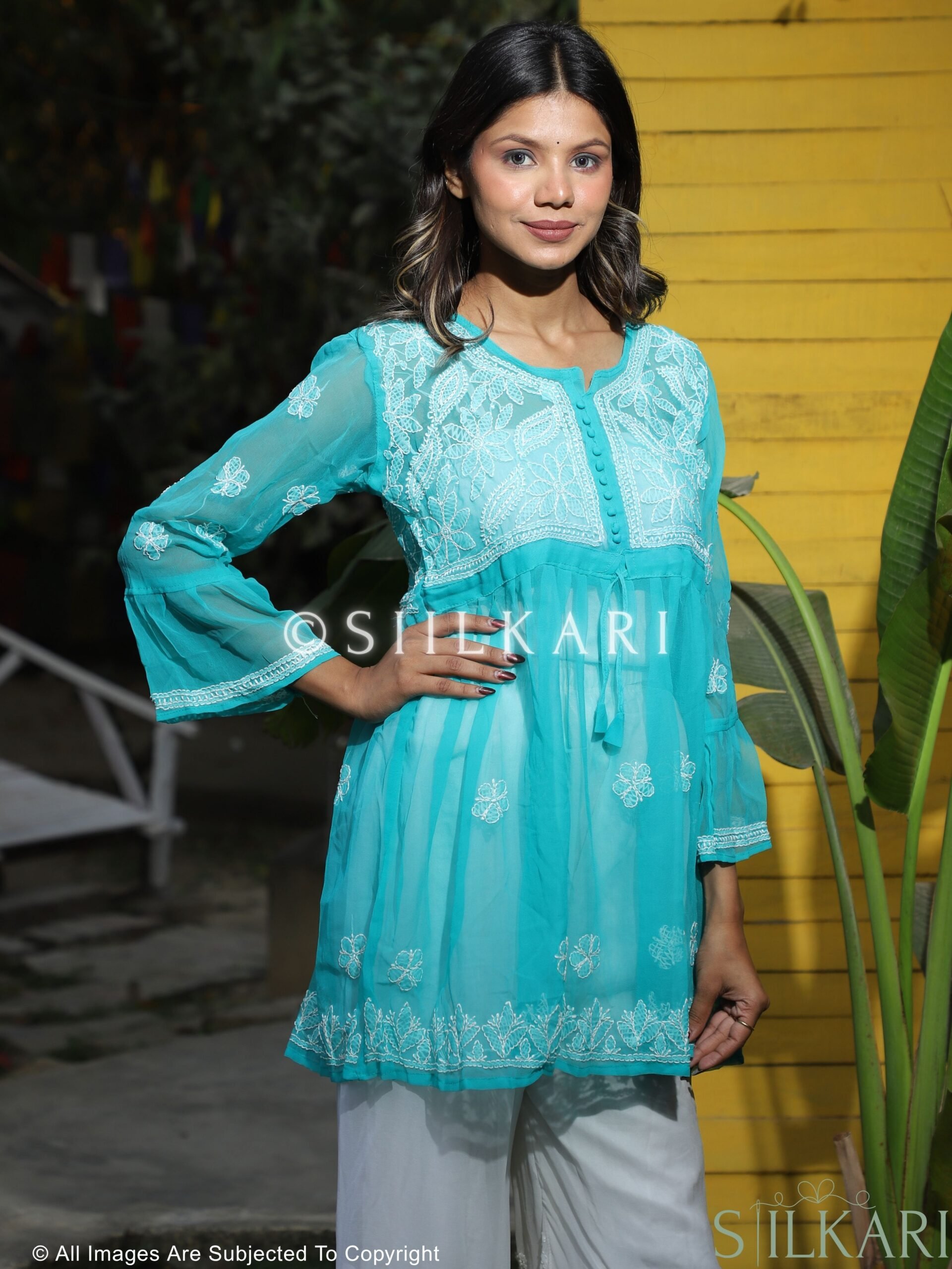 Georgette Chikankari Short Frock Blue