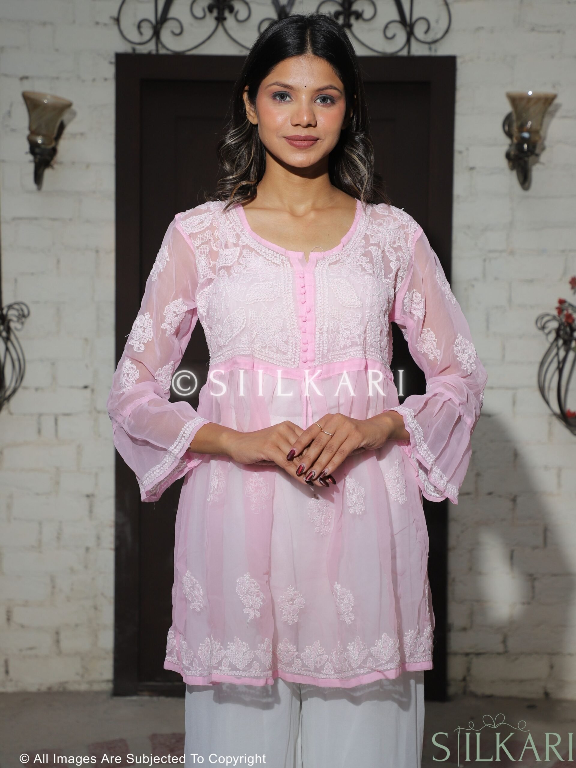 Georgette Chikankari Short Frock Pink