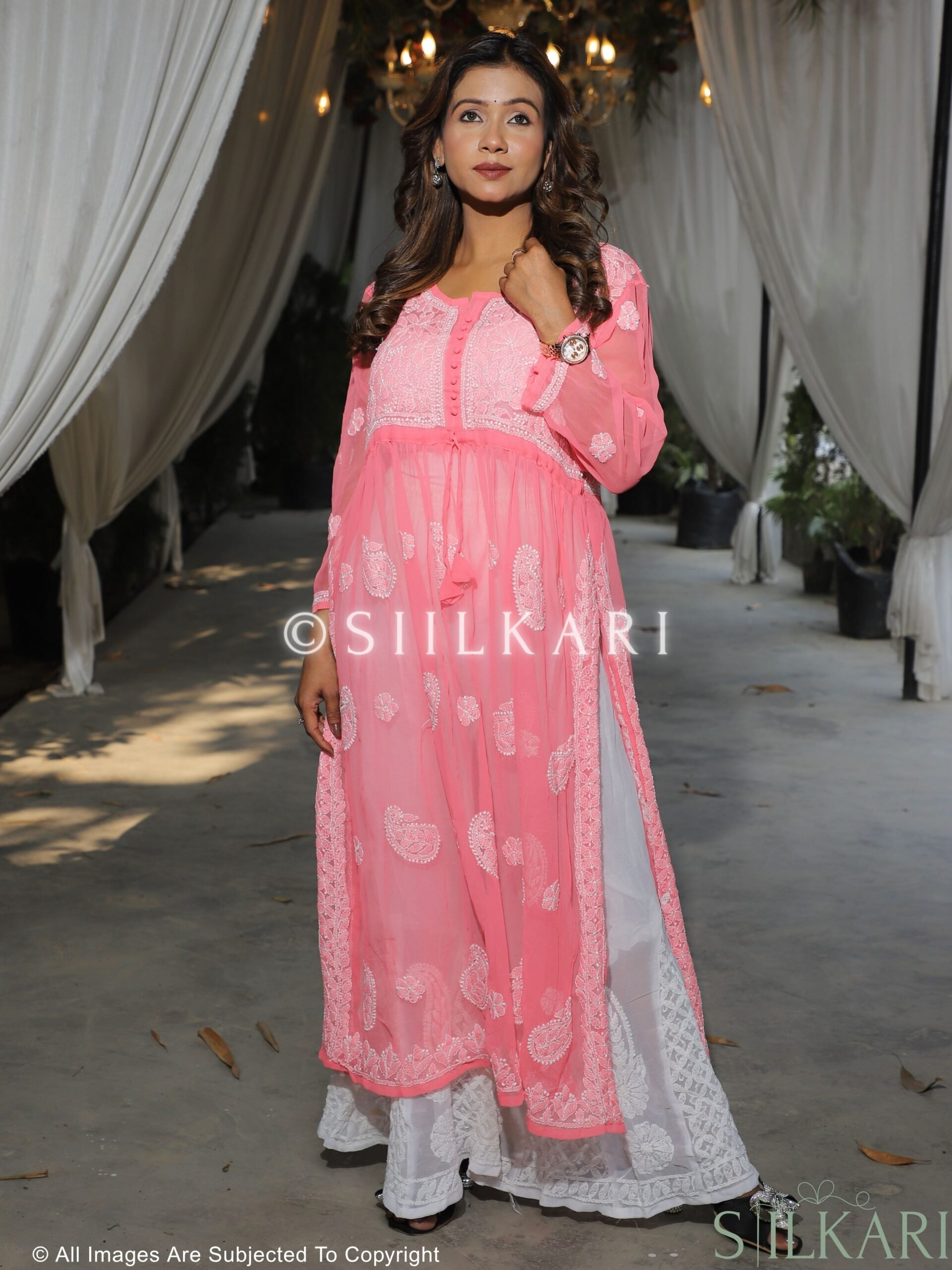 Georgette Chikankari Naira Kurti Peach
