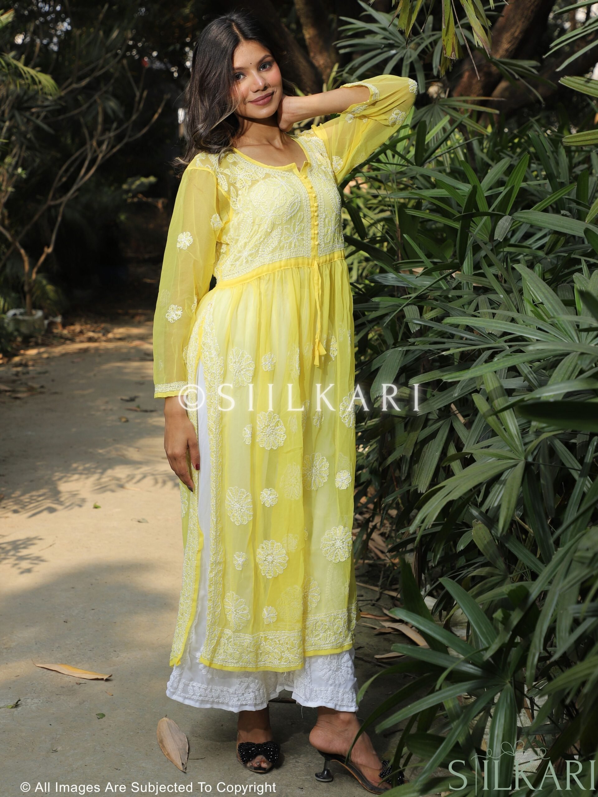 Georgette Chikankari Naira Kurti Yellow