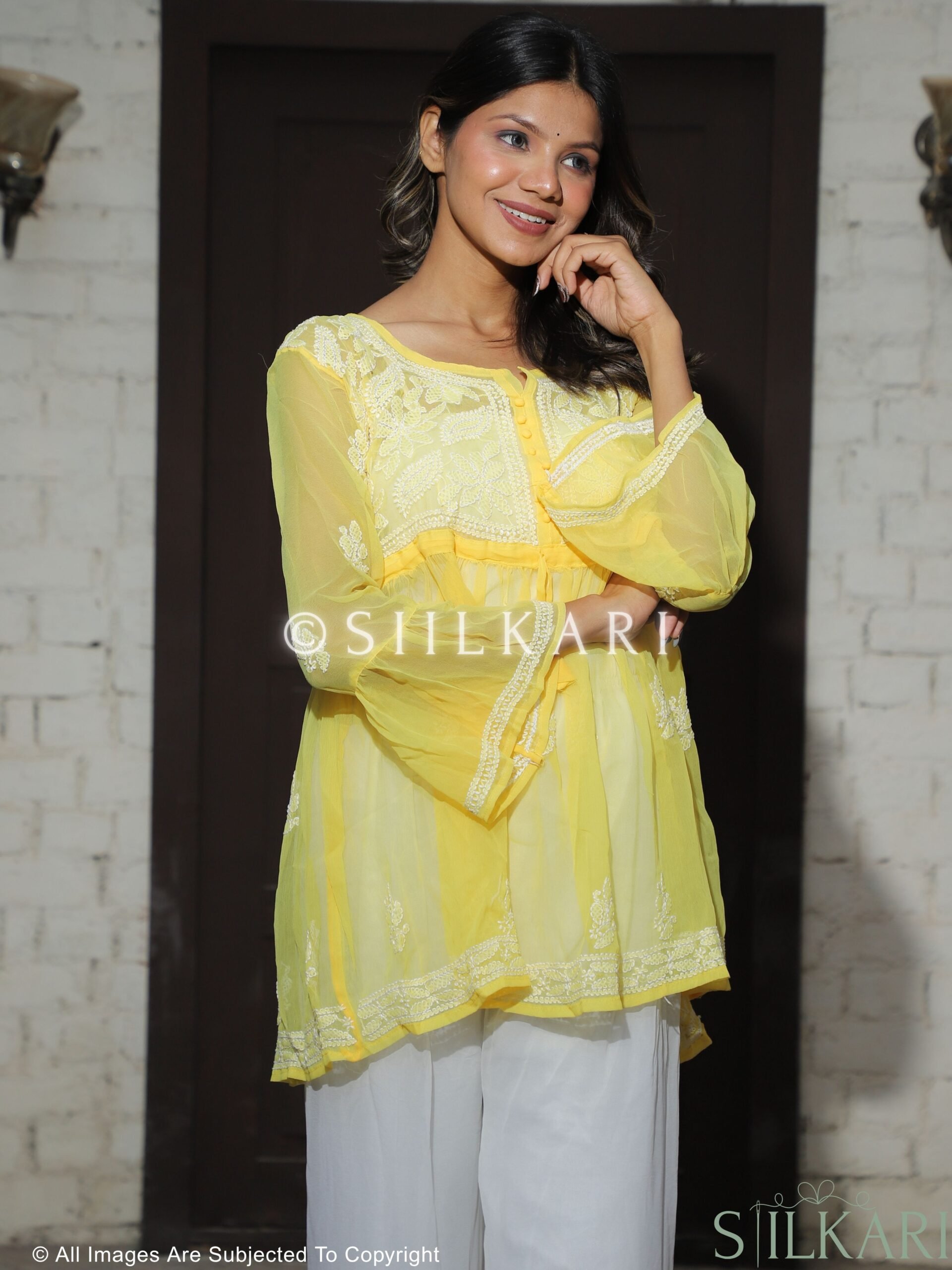 Georgette Chikankari Short Frock Yellow