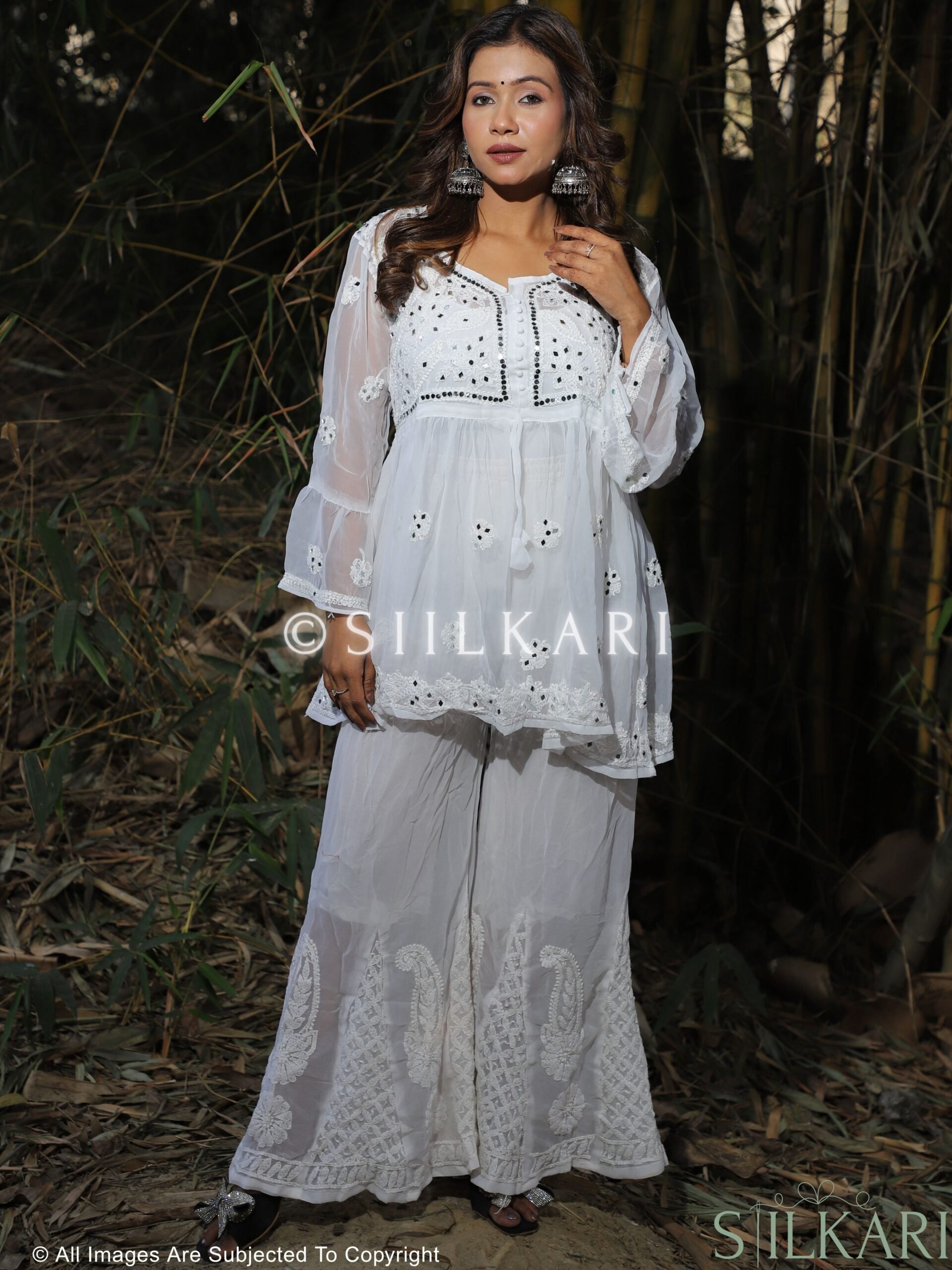 Georgette Chikankari Mirror Embellished Short Frock White