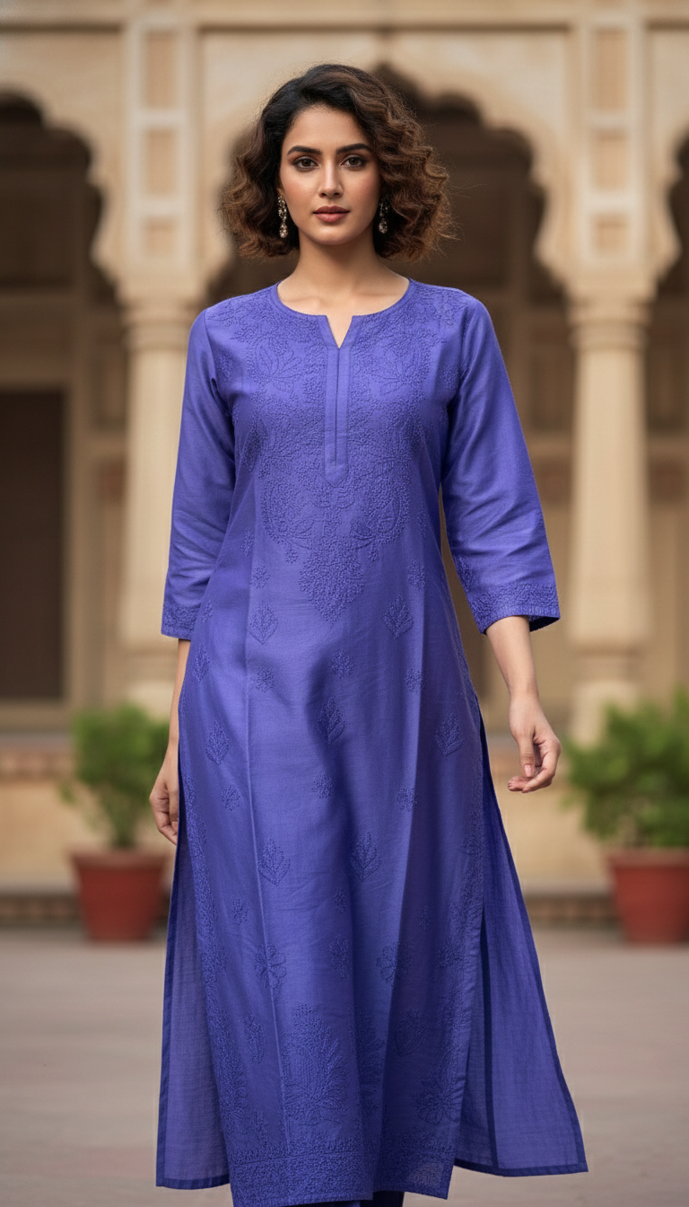 Chanderi Bakhiya Chikankari Kurti handcrafted in Lucknow